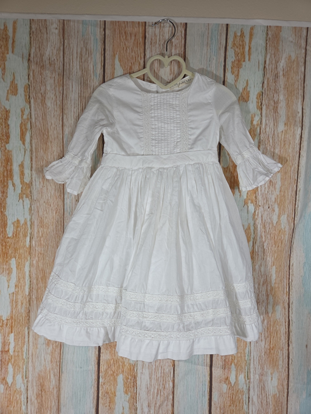 Hope & Henry Classic White Girls' Dress w/Pintuck & Lace. 100% Organic Cotton. 3
